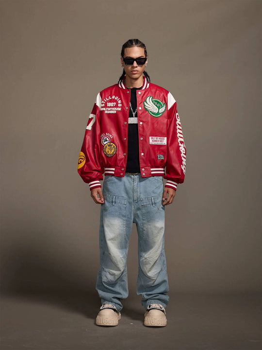 1807 PU Leather Patchwork Varsity Jacket | Face 3 Face