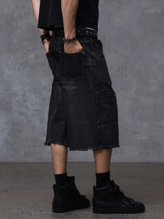 ANTIDOTE Brushed Waxed Studded Double Knee Cutoff Baggy Shorts | Face 3 Face