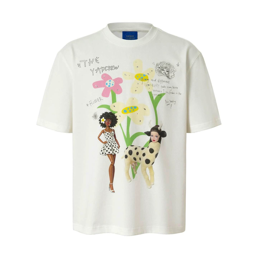 YADcrew Doll and Flower Art Print Rhinestone Tee | Face 3 Face