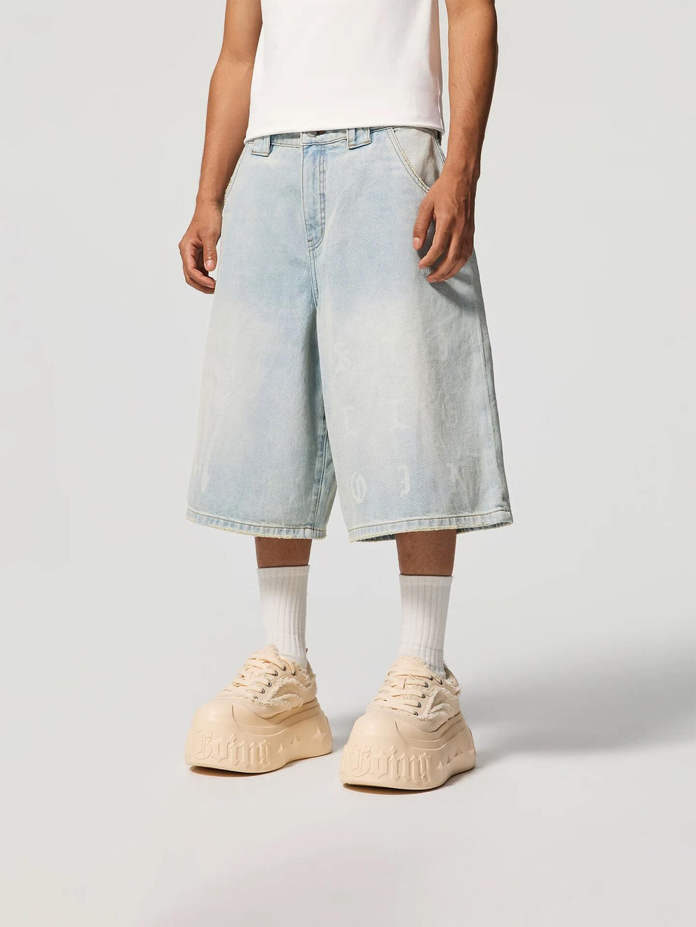 1807 Gothic Letter Print Washed Denim Baggy Shorts | Face 3 Face