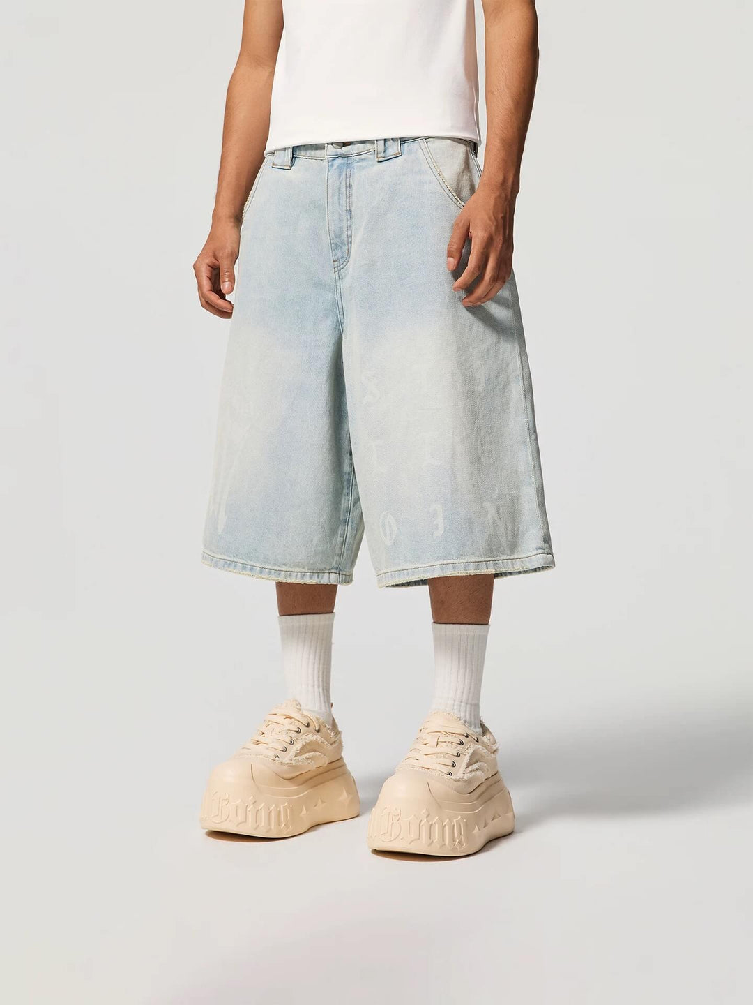1807 Gothic Letter Print Washed Denim Baggy Shorts | Face 3 Face