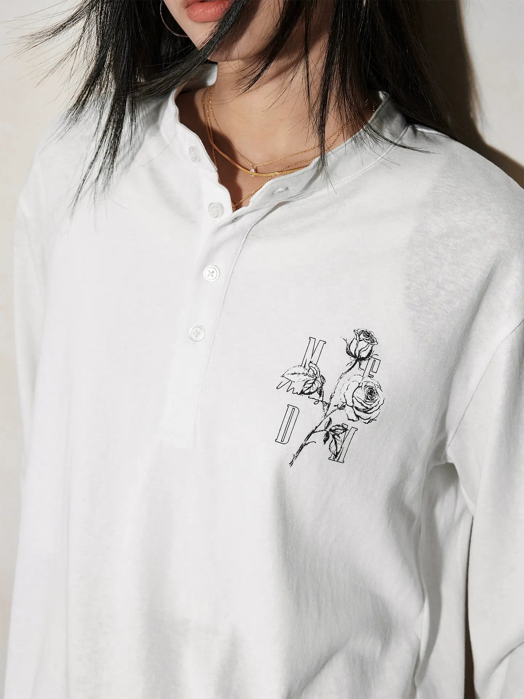 MEDM Rose Print Henley Long Sleeve Tee | Face 3 Face