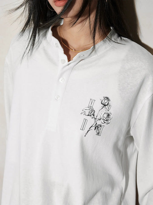 MEDM Rose Print Henley Long Sleeve Tee | Face 3 Face