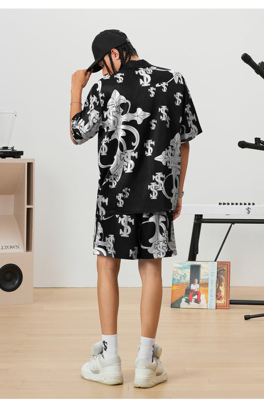 Small Town Kid Monogram Cross Logo Satin Cuban Shirt Set | Face 3 Face