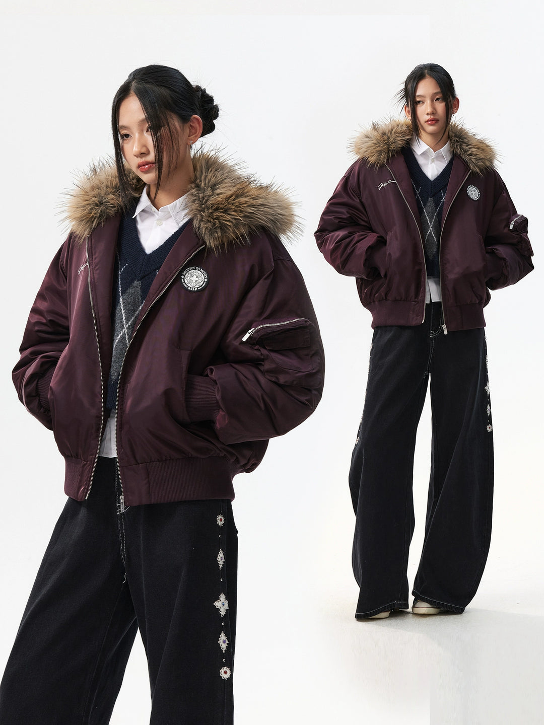 MEDM Silicone Logo Patch Fur Hooded Bomber Jacket | Face 3 Face