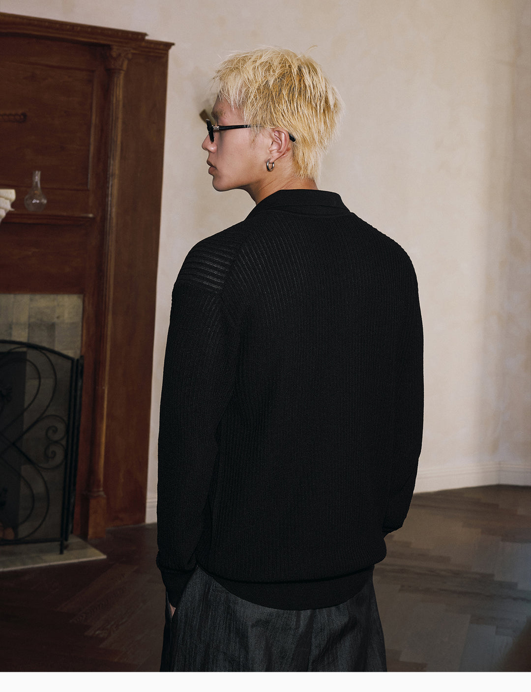 MEDM Rose Embroidered Textured Stripe Knit Long Sleeve Polo | Face 3 Face