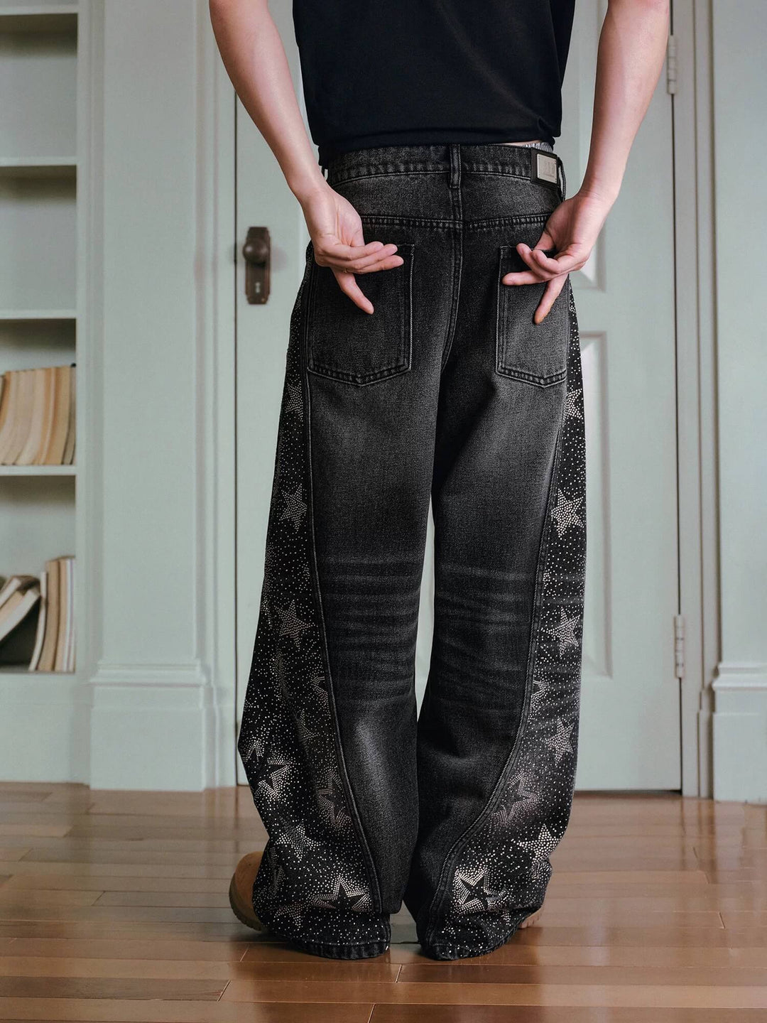 MEDM Rhinestone Star Washed Baggy Jeans | Face 3 Face