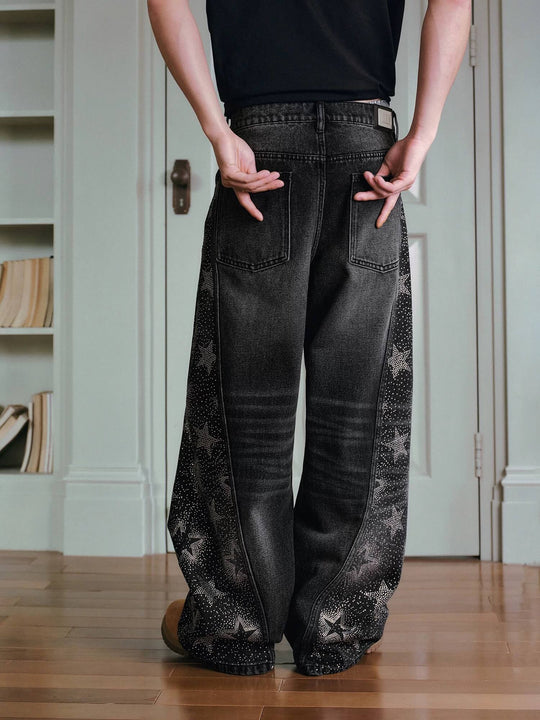 MEDM Rhinestone Star Washed Baggy Jeans | Face 3 Face