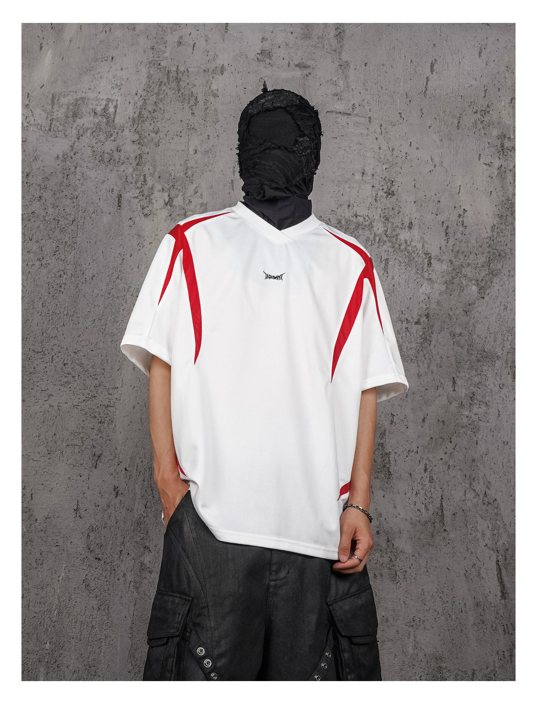 UNDERWATER White and Red Deconstructed Patchwork Embroidered Jersey Tee | Face 3 Face