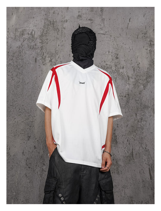 UNDERWATER White and Red Deconstructed Patchwork Embroidered Jersey Tee | Face 3 Face