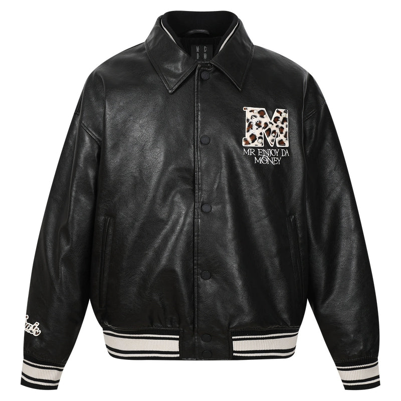 MEDM Leopard Patch Pearl PU Leather Varsity Jacket | Face 3 Face