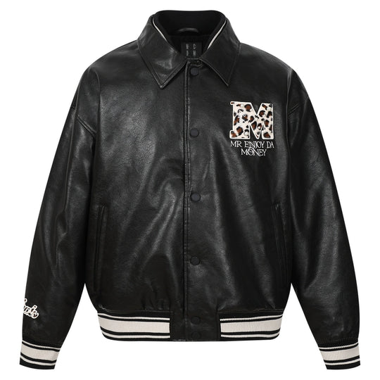 MEDM Leopard Patch Pearl PU Leather Varsity Jacket | Face 3 Face