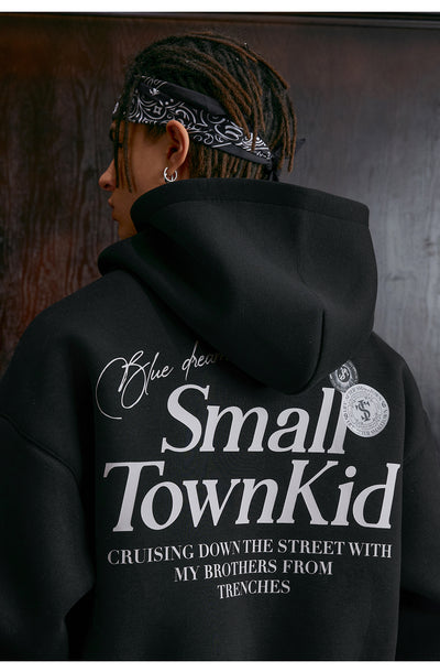 Small Town Kid Badge Logo Print Zip Up Hoodie | Face 3 Face