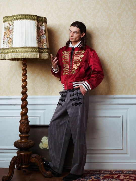 YADcrew Napoleon Braid Embroidered Pinstripe Herringbone Pants | Face 3 Face