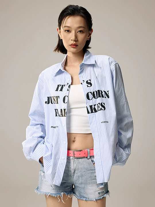 Remedy Letter Print Striped Long Sleeve Shirt | Face 3 Face