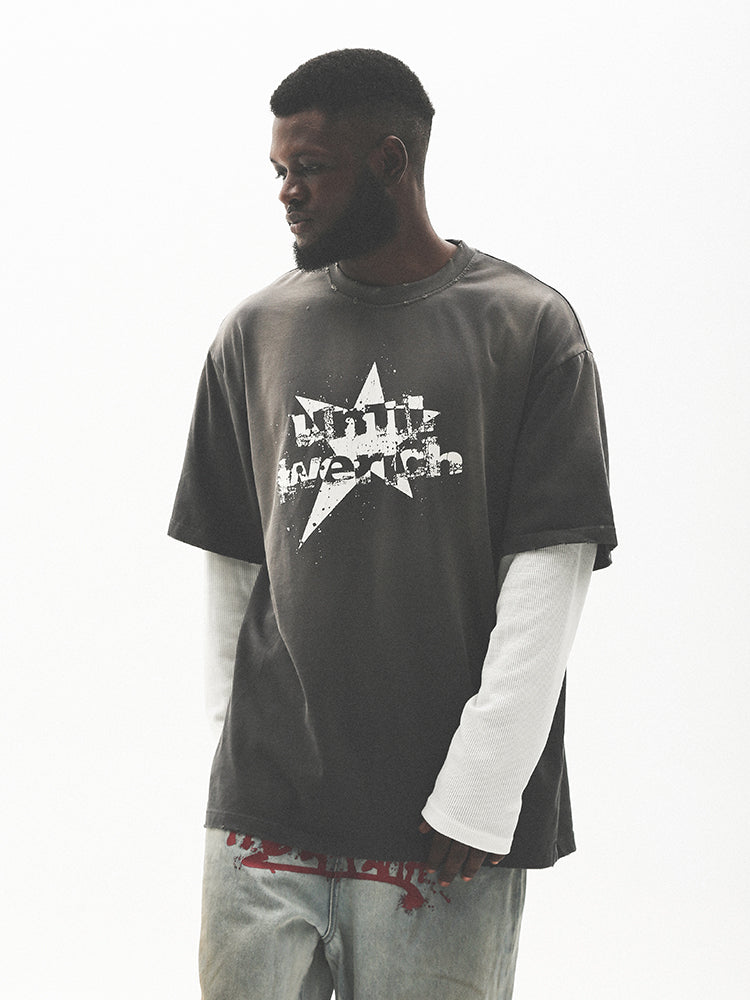 UNTILWERICH Washed Star Burst Print Mock Two-Piece Long Sleeve Tee | Face 3 Face