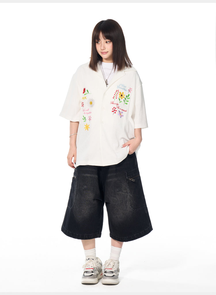 AFGK Floral Embroidered Waffle Short Sleeve Shirt | Face 3 Face