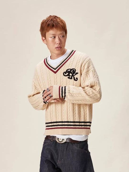 EVILKNIGHT(EK) Logo Cable Knit V Neck Sweater | Face 3 Face