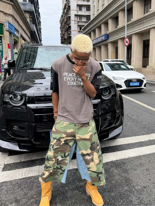 STEEPC M65 Camouflage Denim Rework Patchwork Baggy Cargo Shorts | Face 3 Face