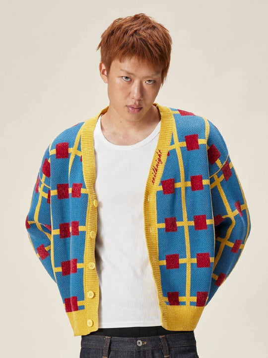 EVILKNIGHT(EK) Multicolor Checkerboard Knit Cardigan