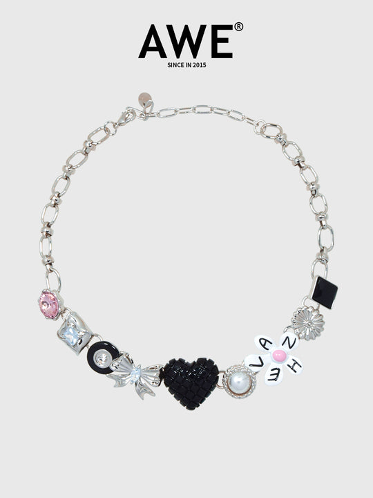 AWE Black Love Heart Daisy Chain Necklace | Face 3 Face