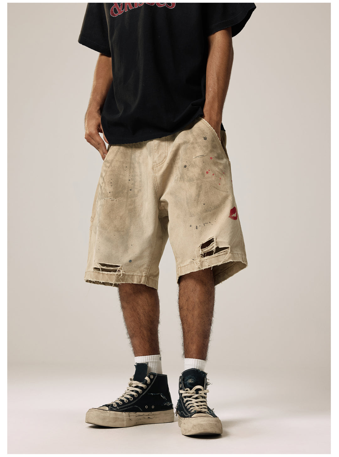Remedy Kiss Mark Distressed Hole Work Painter Shorts | Face 3 Face