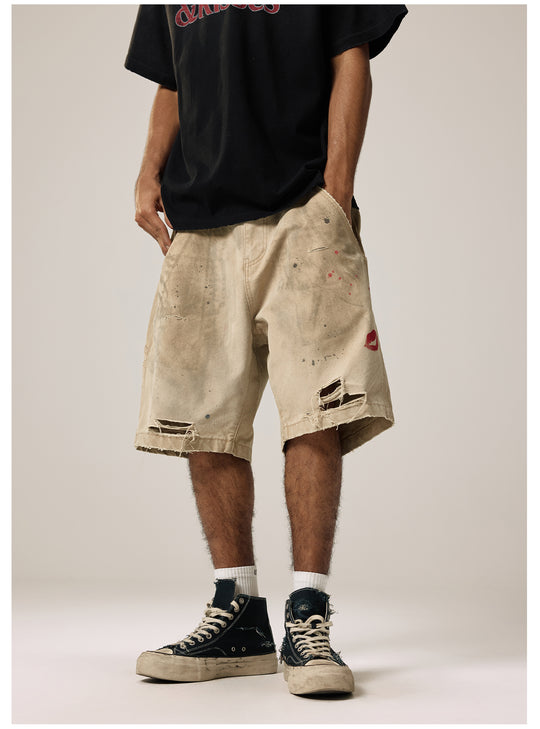 Remedy Kiss Mark Distressed Hole Work Painter Shorts | Face 3 Face