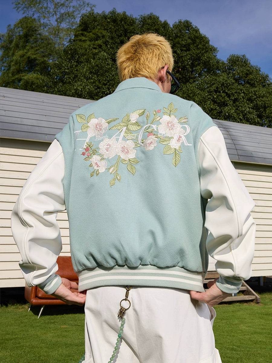 Harsh and Cruel Floral Embroidered Script Baseball Jacket | Face 3 Face