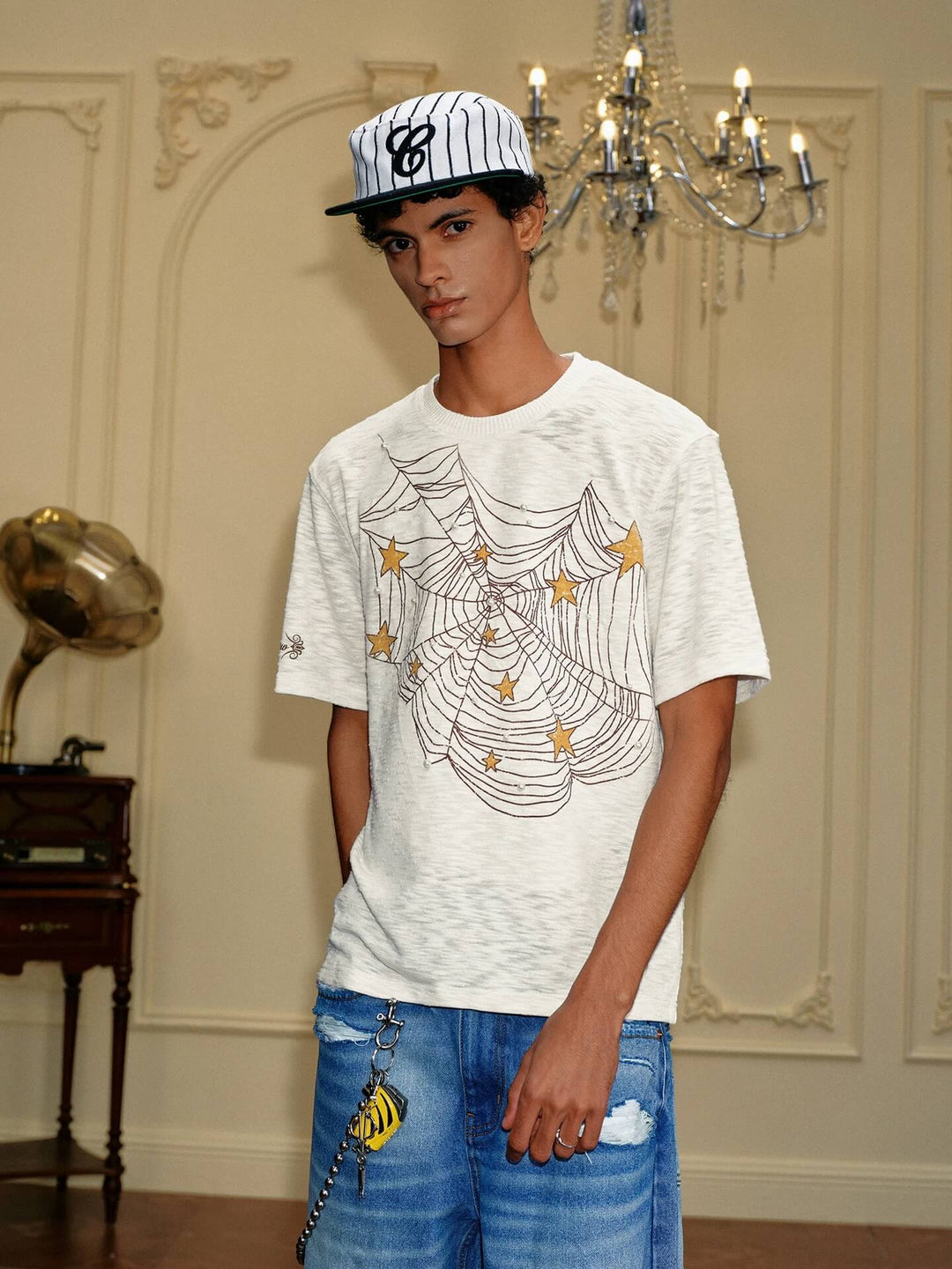 YADcrew Pearl Studded Star Spider Web Print Tee | Face 3 Face