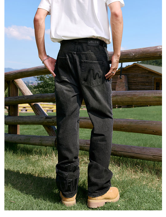 MEDM Leather Patchwork Washed Ripped Jeans | Face 3 Face