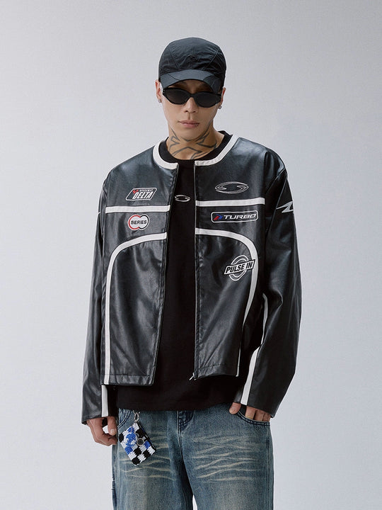 F2CE Striped Panel PU Leather Racing Jacket | Face 3 Face