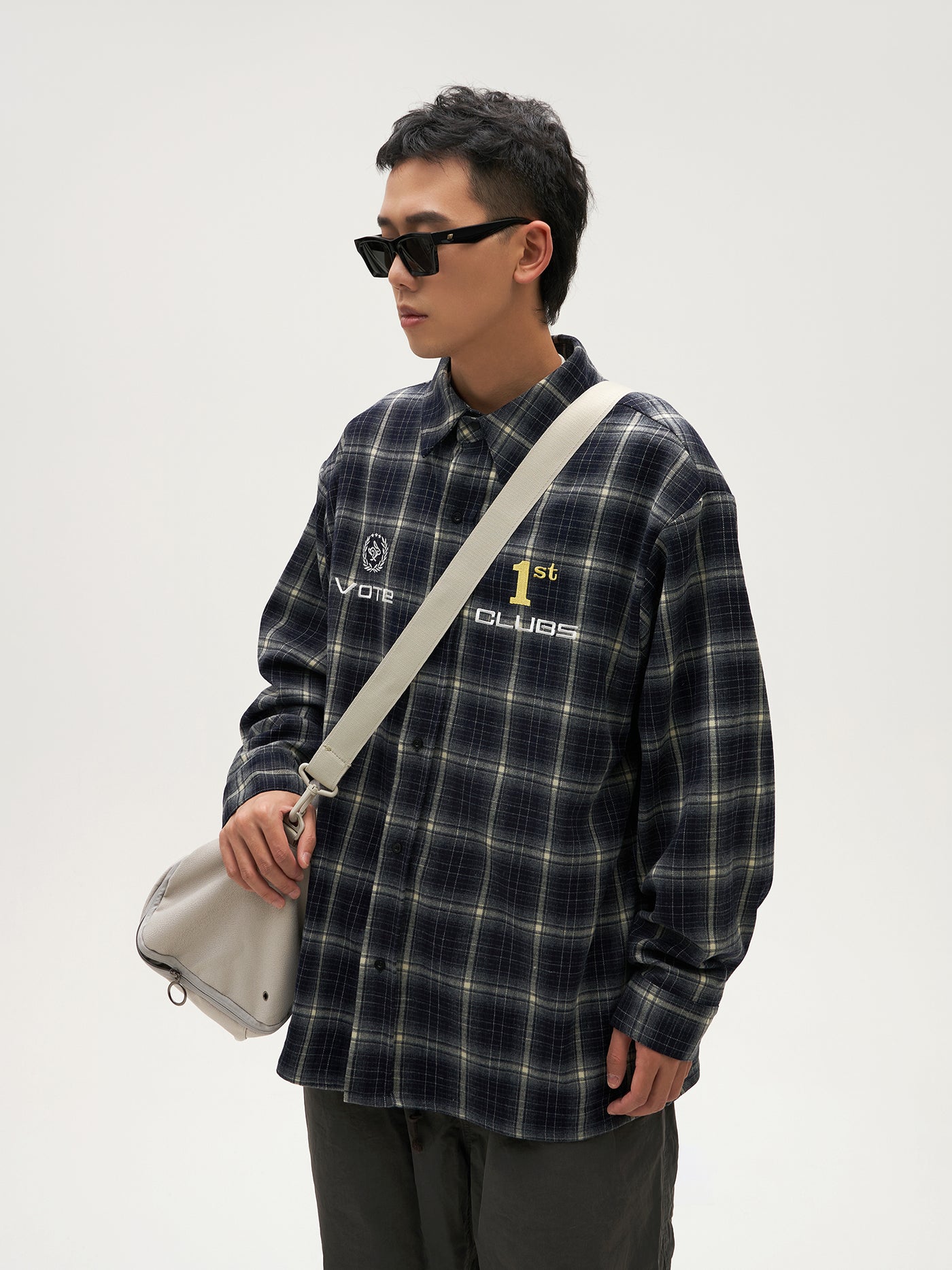 VOTE Navy Plaid Embroidery Long Sleeved Shirt