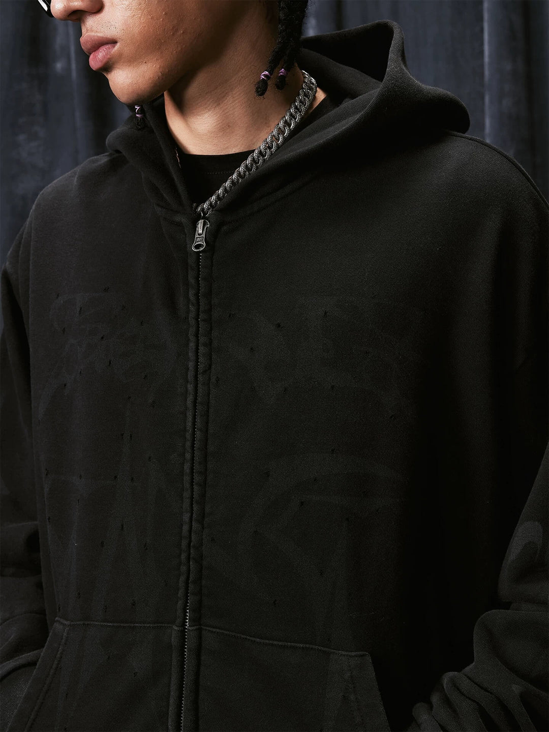 1807 Handcrafted Distressed Print Zip Up Hoodie | Face 3 Face
