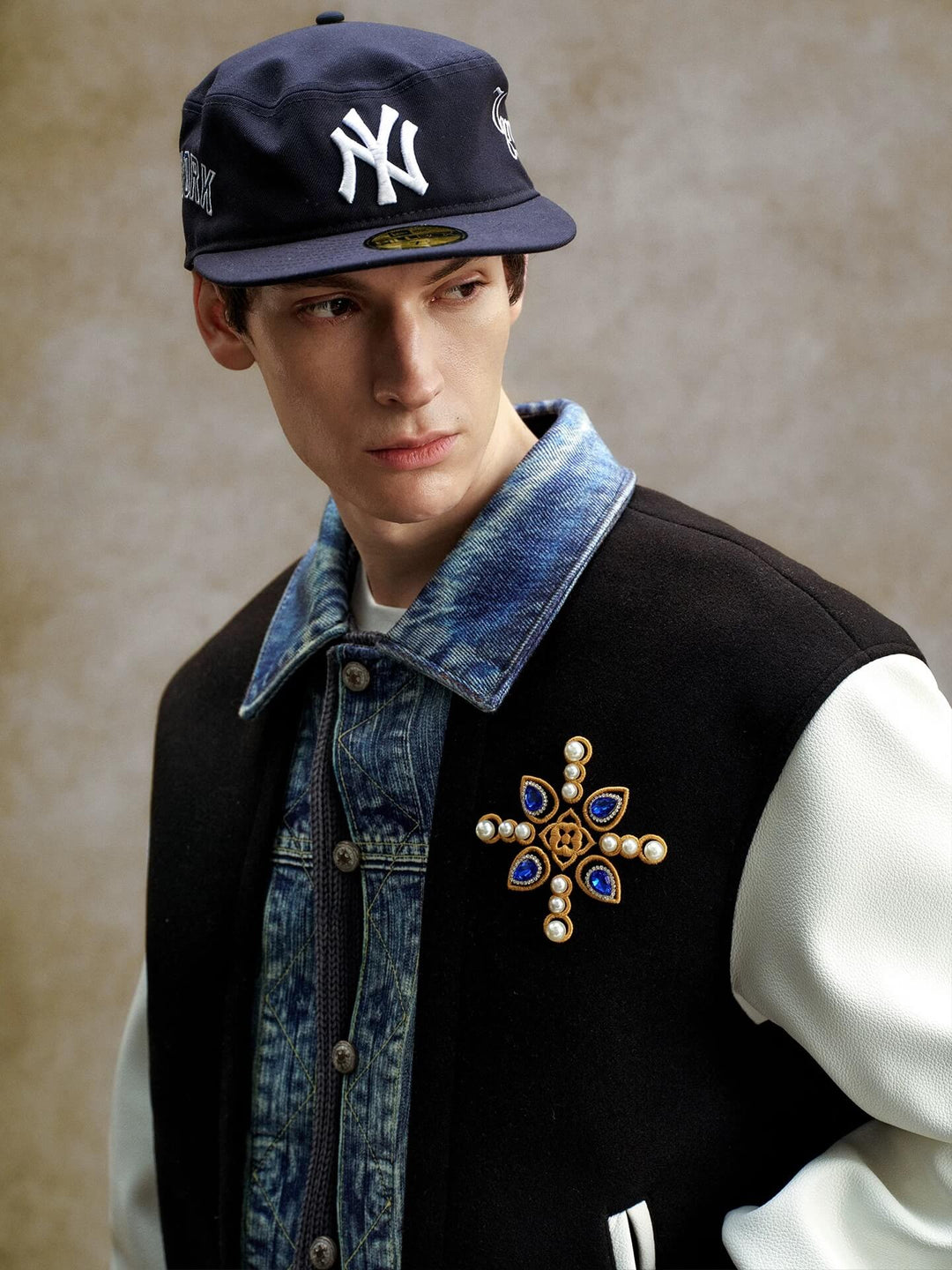 YADcrew Pearl Studded Digital Denim Varsity Jacket | Face 3 Face