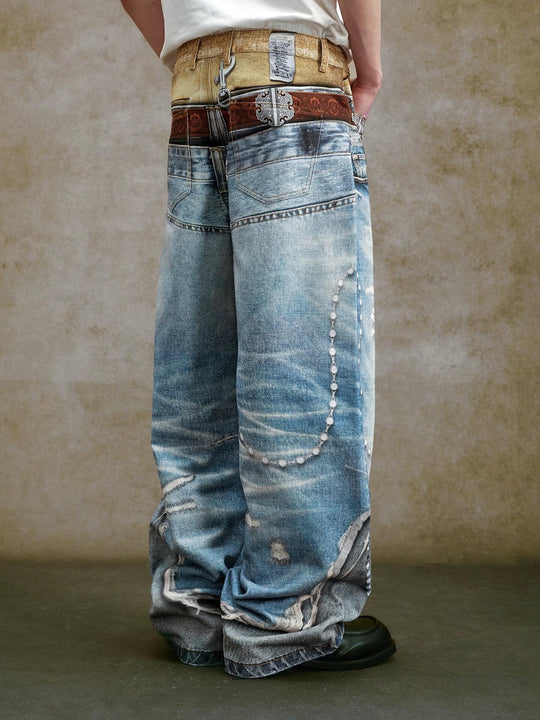 YADcrew Double Waist 3D Digital Print Jeans | Face 3 Face