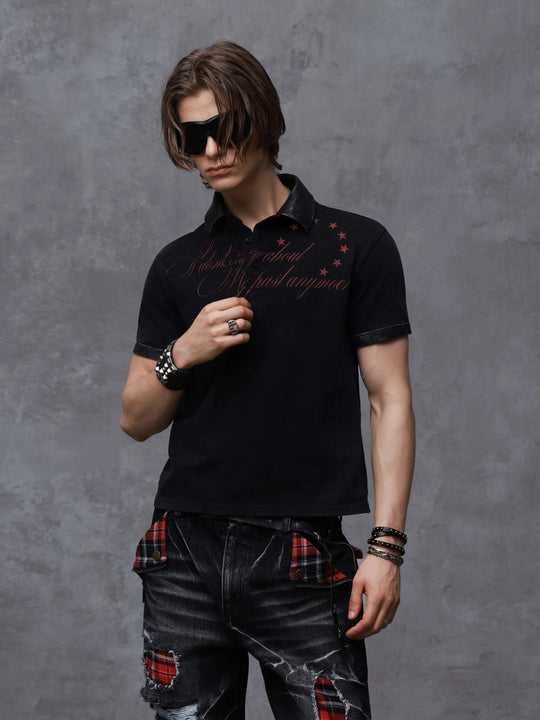 ANTIDOTE Washed Leather Collar Short Sleeve Polo