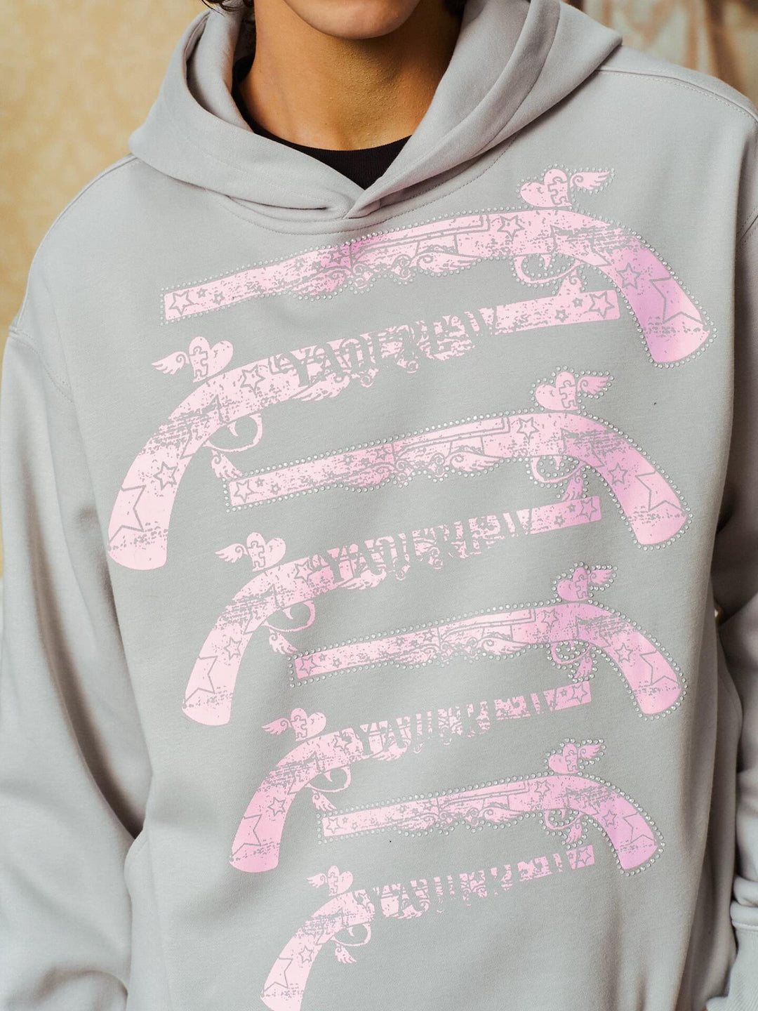 YADcrew Heart Pistol Print Rhinestone Embellished Hoodie | Face 3 Face
