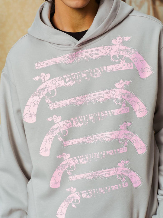YADcrew Heart Pistol Print Rhinestone Embellished Hoodie | Face 3 Face