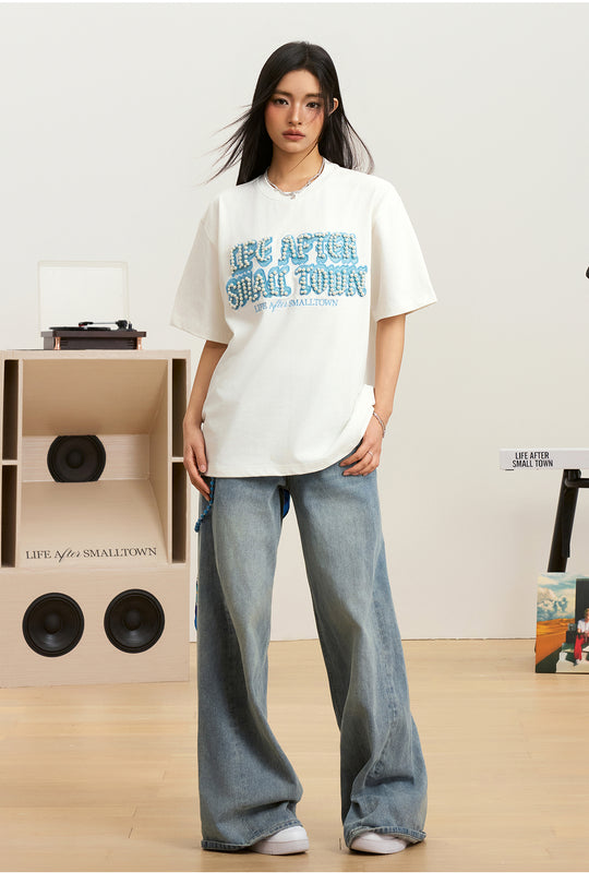 Small Town Kid Pearl Embroidered Leather Patch Tee | Face 3 Face