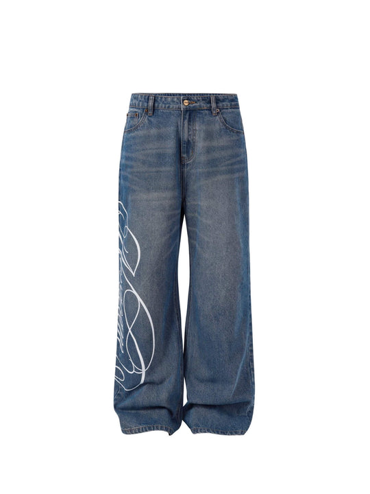 NOVACAM Vintage Washed Letter Print Flared Jeans | Face 3 Face
