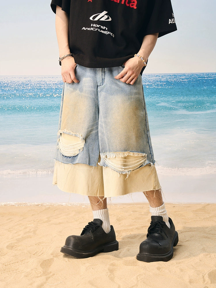 Harsh and Cruel Distressed Wash Layered Denim Shorts | Face 3 Face