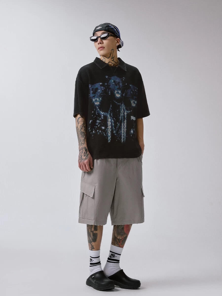 F2CE Washed Distressed Waffle Vintage Print Short Sleeve Polo Shirt | Face 3 Face