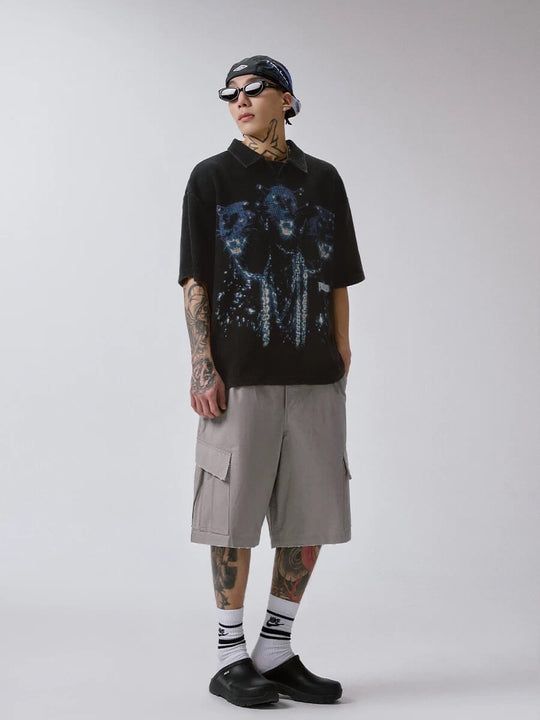 F2CE Washed Distressed Waffle Vintage Print Short Sleeve Polo Shirt | Face 3 Face