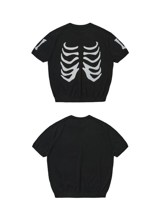 LIBERAFIT Skeleton Print Knit Ribbed Trim Short Sleeve Tee