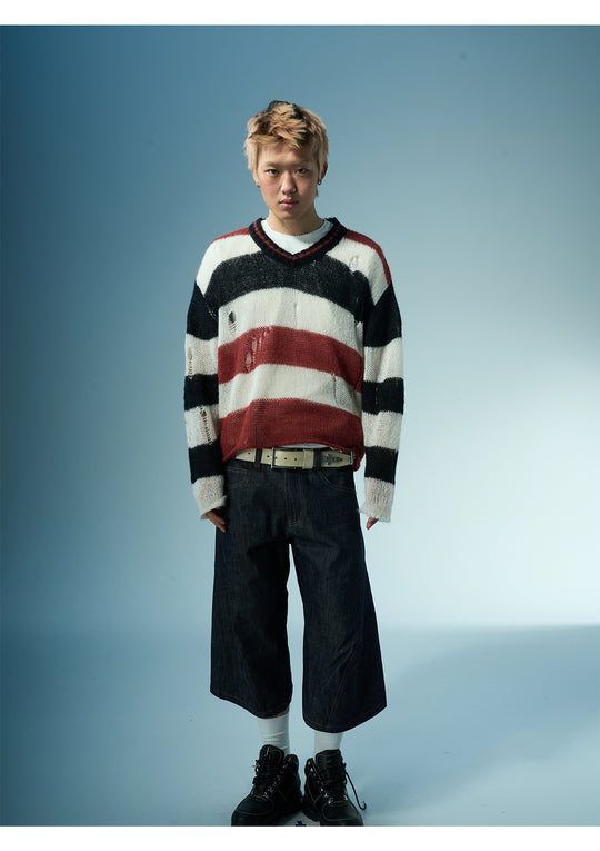 EVILKNIGHT(EK) Striped Colorblocking Distressed V-Neck Knit Sweater | Face 3 Face