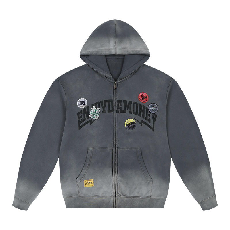 MEDM Gradient Washed Logo Print Embroidered Patch Zip-Up Hoodie | Face 3 Face