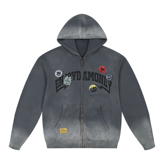 MEDM Gradient Washed Logo Print Embroidered Patch Zip-Up Hoodie | Face 3 Face