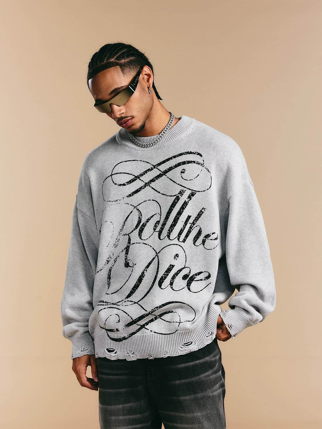 1807 ROLLTHEDICE Vintage Printed Distressed Knit Sweater | Face 3 Face