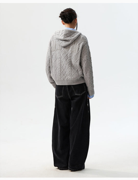 MEDM Hooded Cable Knit Zip Up Cardigan | Face 3 Face