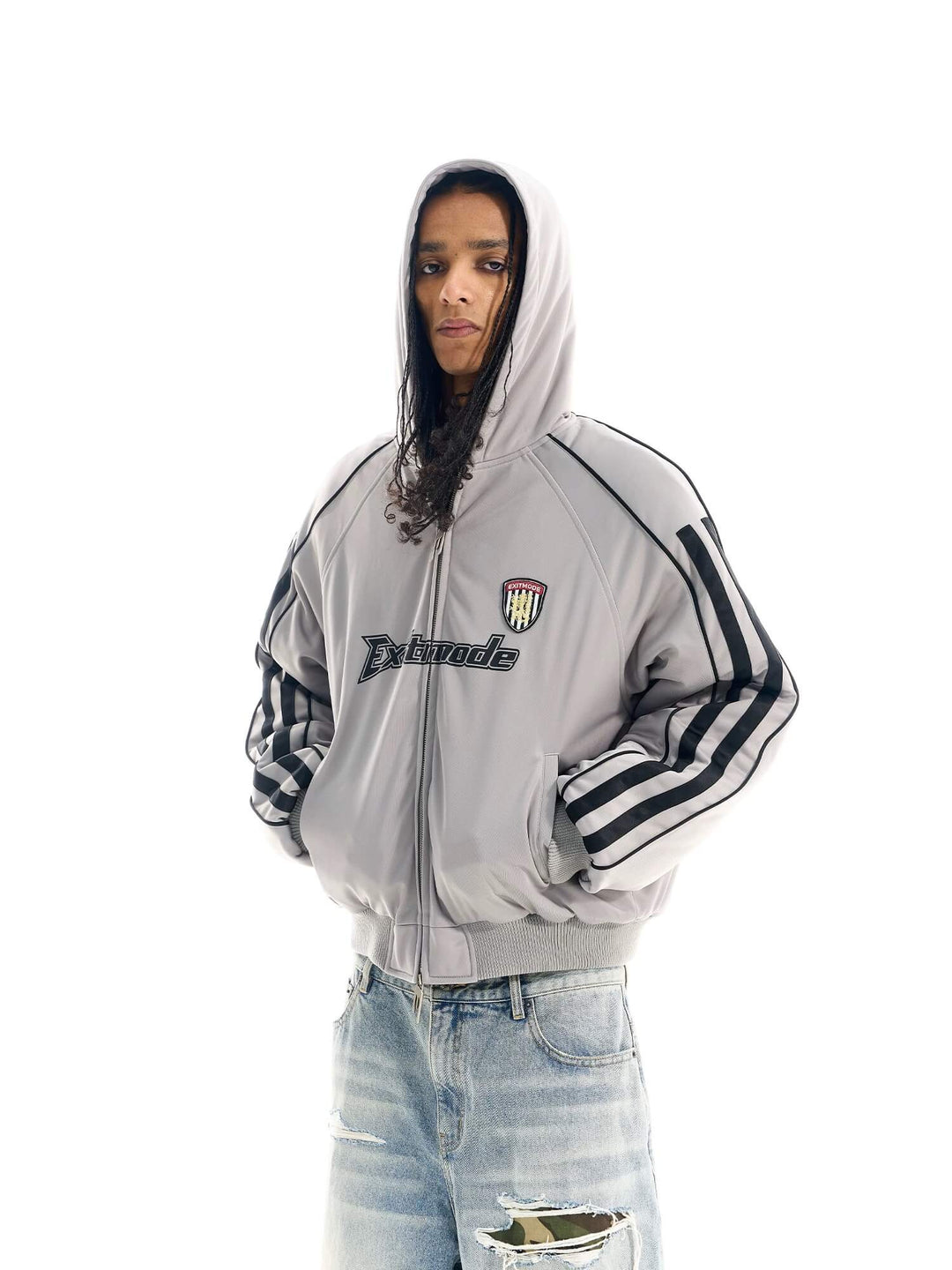 EXITMODE BY BLIND NO PLAN Sport Stripe Sleeve Hooded Bomber Jacket | Face 3 Face